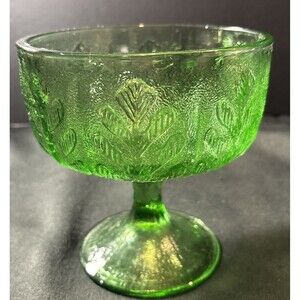 Vintage 1970S Footed Green Glass Pedestal Stem Round Candy Dish Bowl Oak Leaves